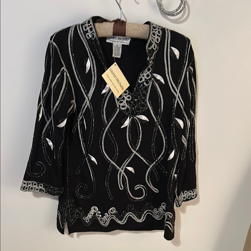 Lauren Michelle Black and White Embellished Blouse